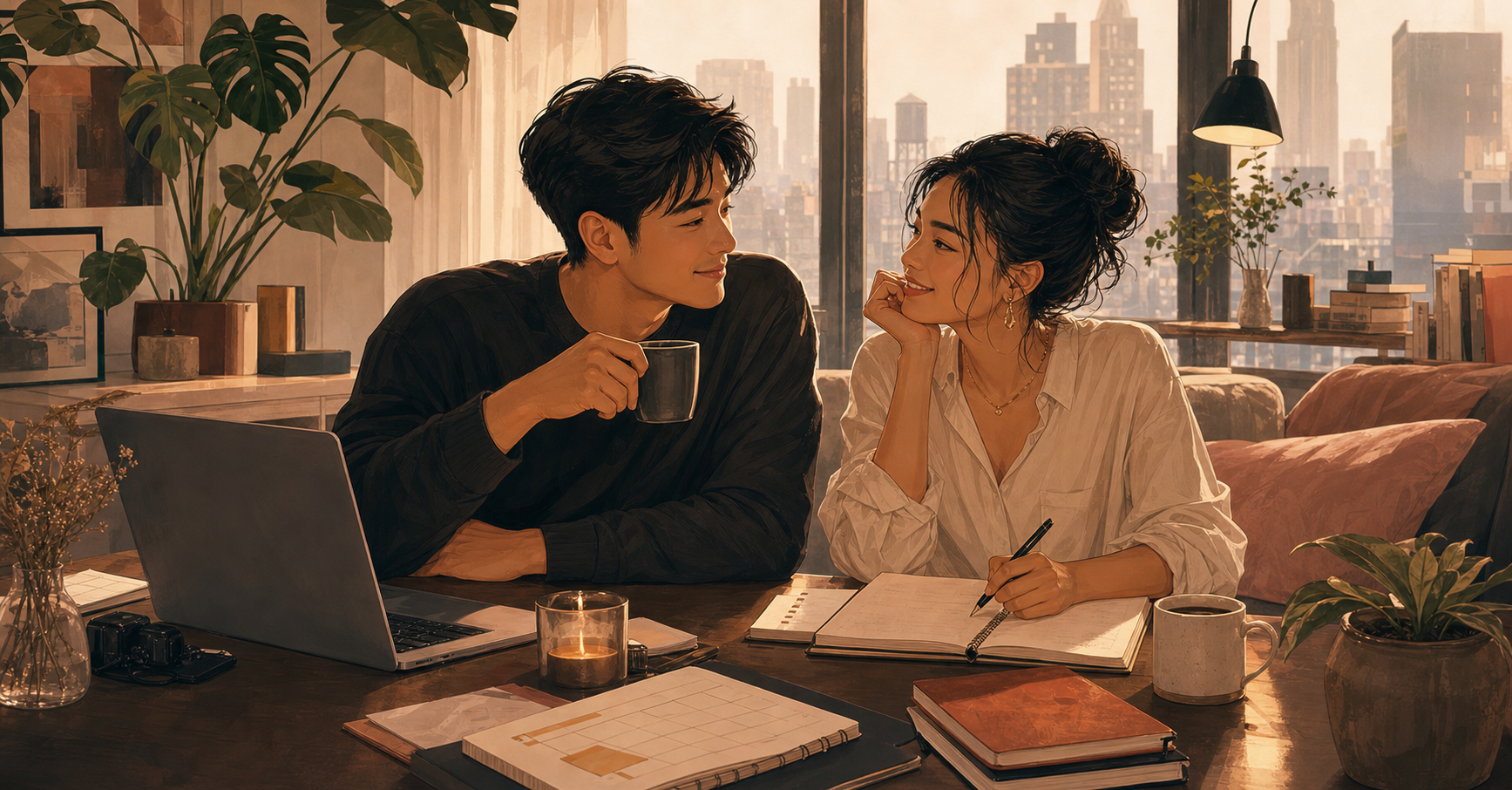 An illustrated Asian couple sharing a warm moment in a city apartment.